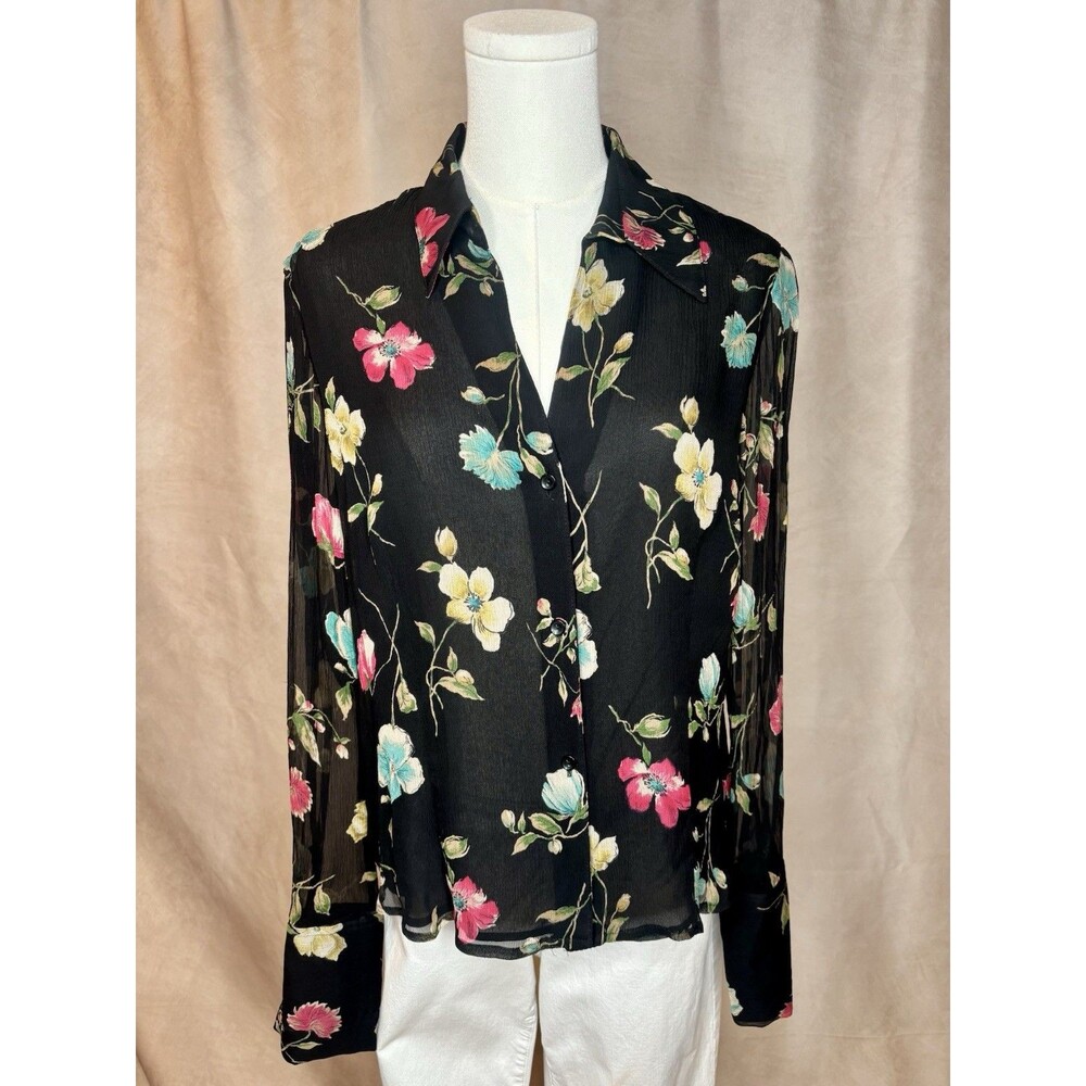 Vtg Jones New York Silk Floral Blouse Size 8 Sheer Button Front Top